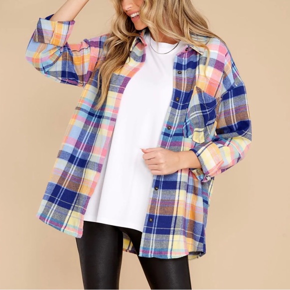 Blue multicolored print flannel top. - Picture 1 of 5